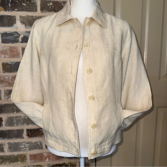 Magaschoni Linen Cropped Button-Front Jacket Shirt Pale Cream Yellow Lined Sz 6 - Picture 14 of 14